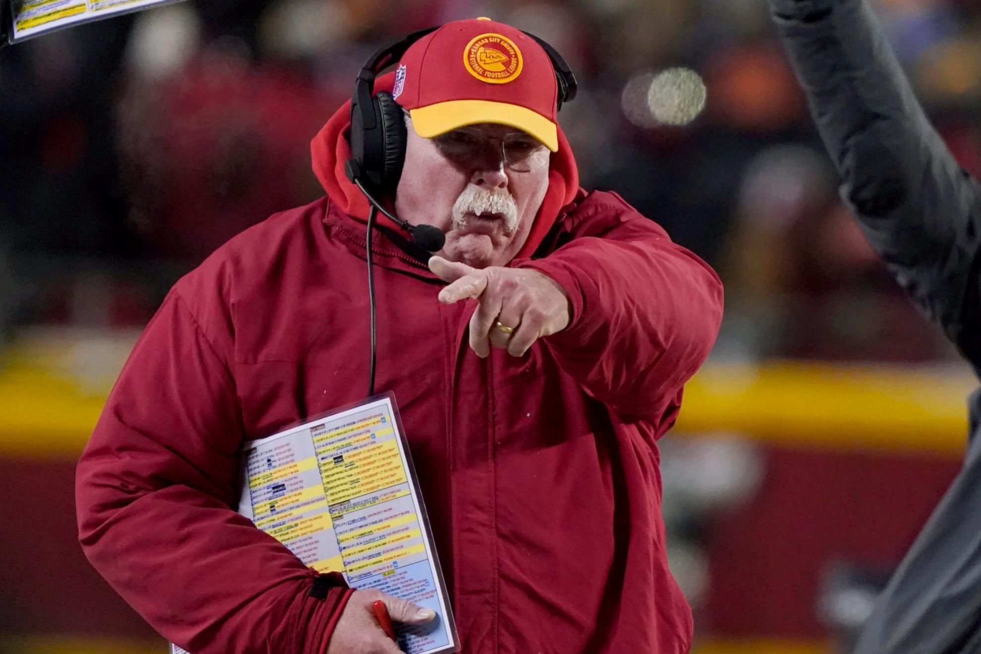 Kansas City Chiefs head coach lt;HIT gt;Andy lt;/HIT gt; lt;HIT gt;Reid lt;/HIT gt; gestures during the first half of the teams NFL wild-card playoff football game against the Miami Dolphins Saturday, Jan. 13, 2024, in Kansas City, Mo. (AP Photo/Ed Zurga)