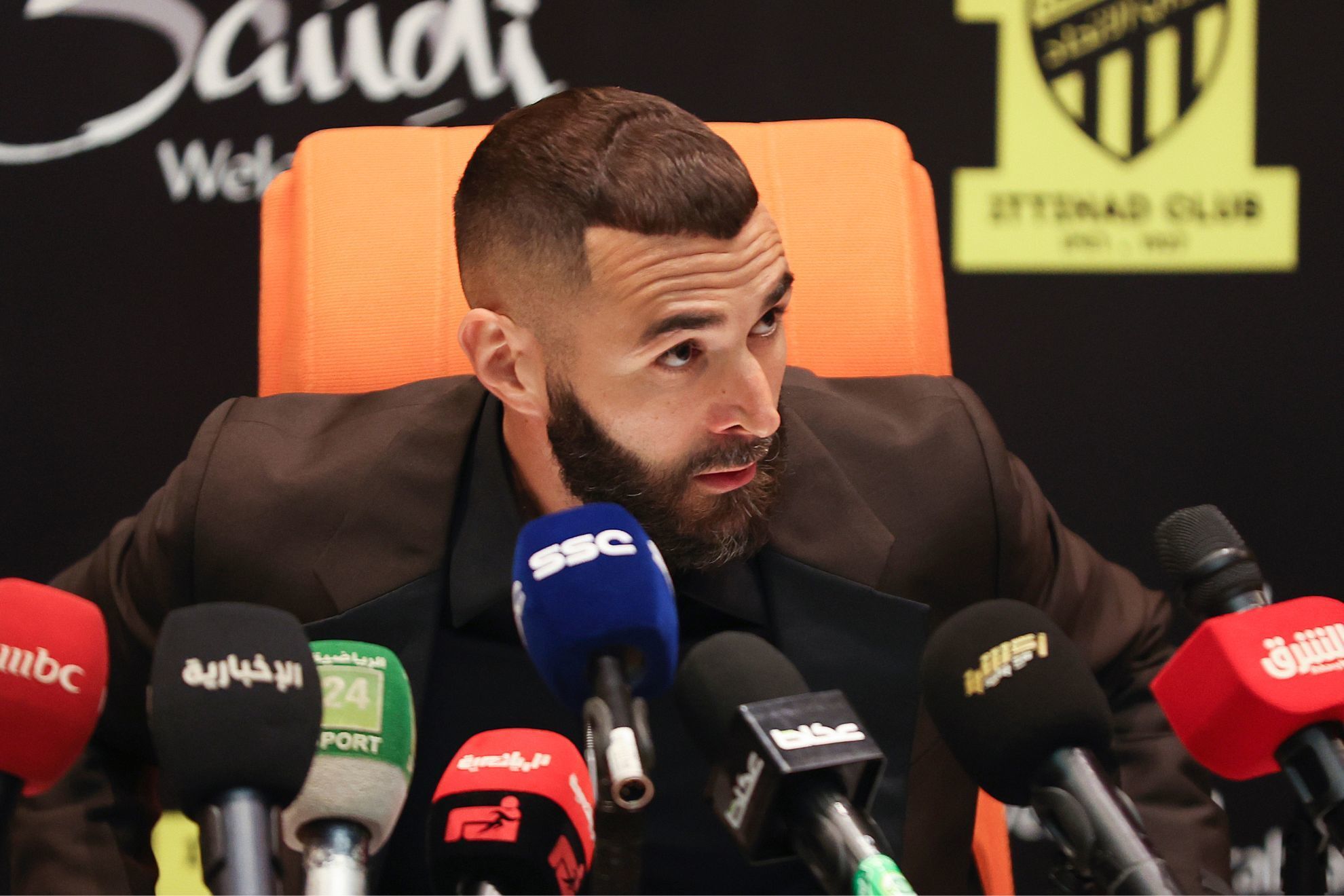 Saudi soccer team Al Ittihad player Karim Benzema speaks during a press conference